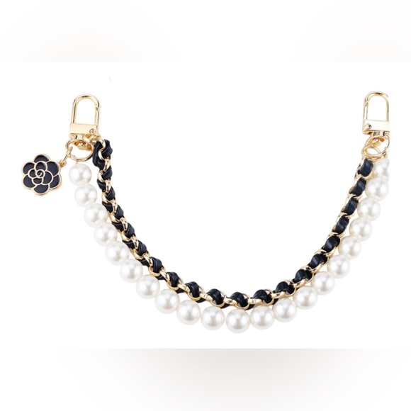 Purse Chain Charm Black Pink Leather Gold Chain Pearls Camellia Flower Unbranded - Picture 3 of 12